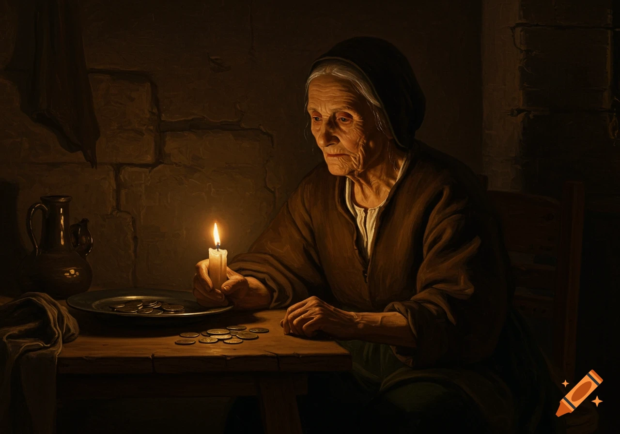 A Rembrandt-style painting of an old woman holding a candle, gazing at coins on a wooden table in a dimly lit room.