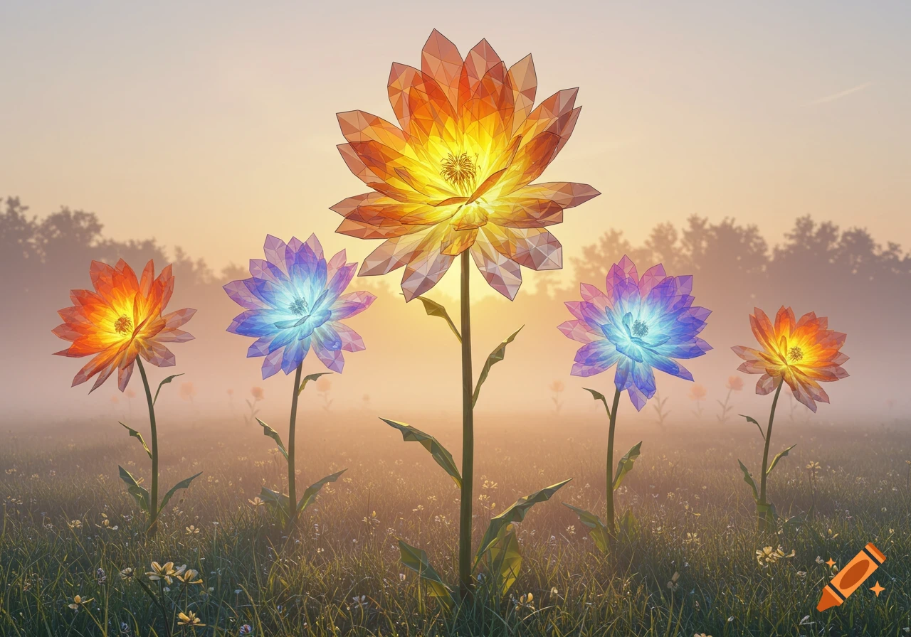Five glowing, geometric flowers in vibrant colors stand in a misty field at sunrise.