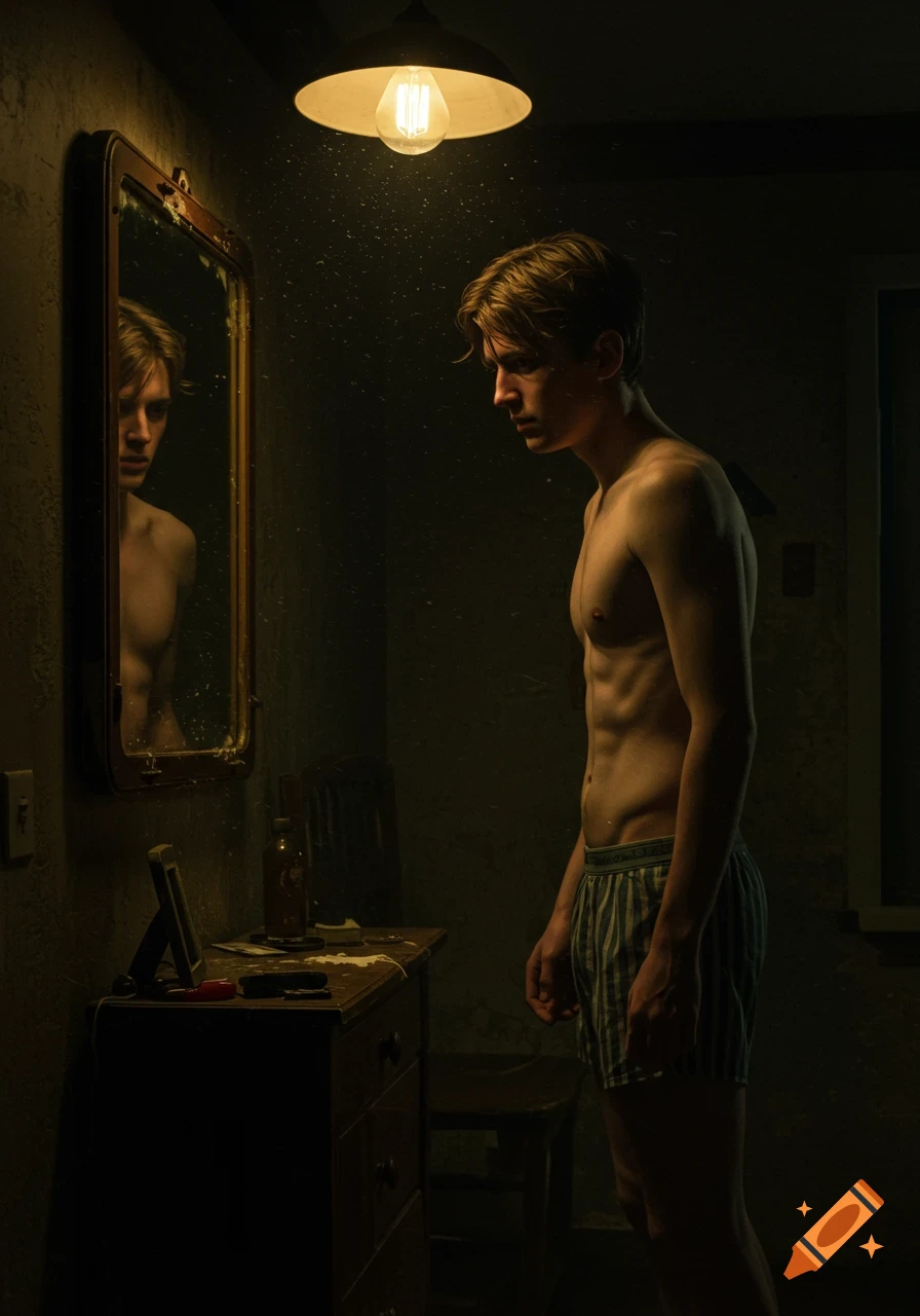 A shirtless young man in striped boxers looks at his reflection in a mirror in a dimly lit, moody room with a single hanging lightbulb, captured in a photorealistic style.