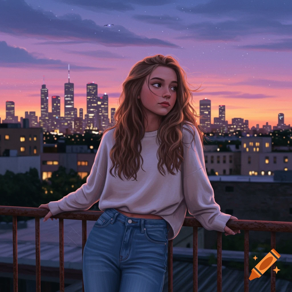 Digital art of a young woman on a rooftop, leaning on a railing with a city skyline at sunset.