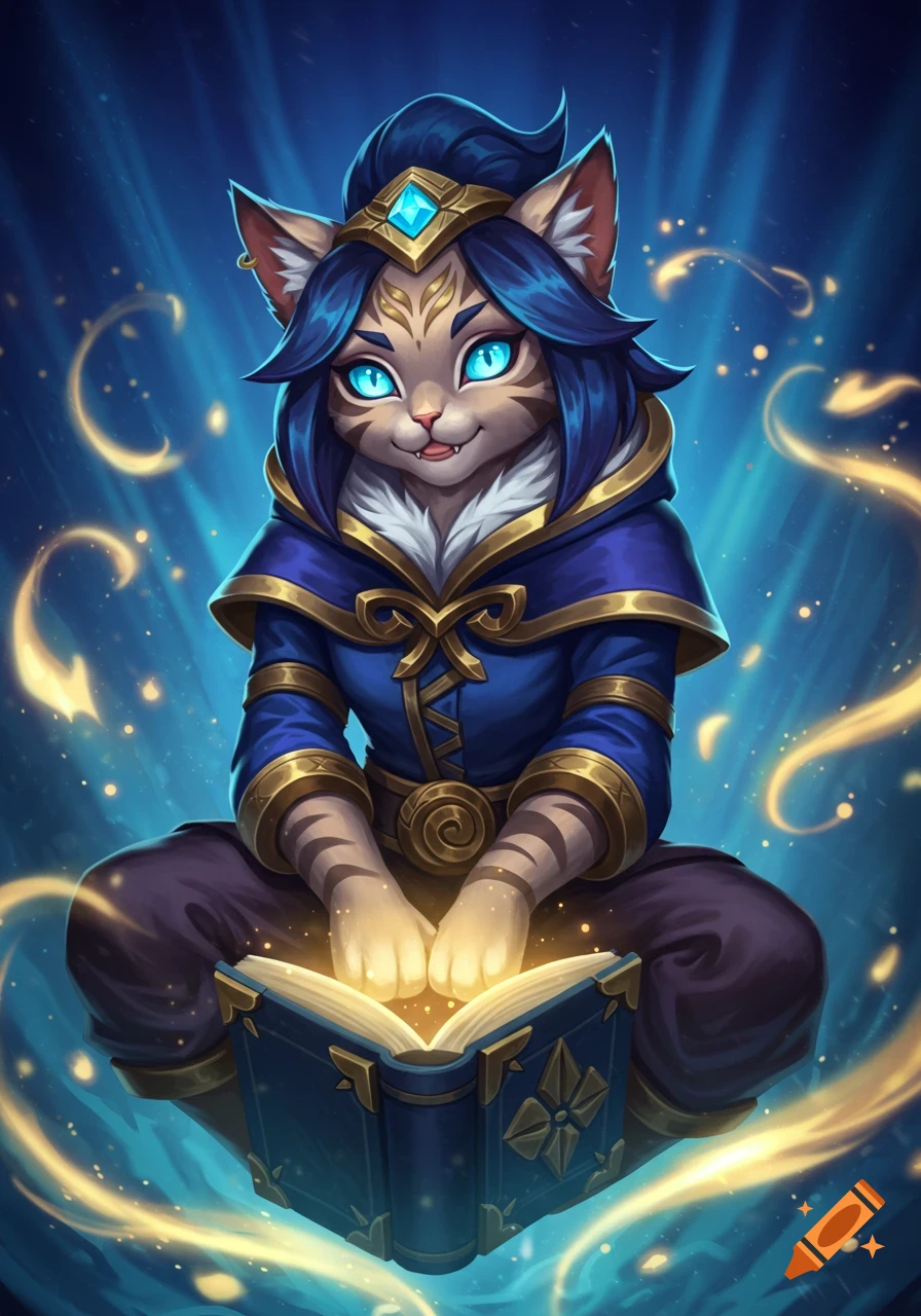 Cute anthropomorphic cat wizard with blue hair, blue eyes, and a magical robe, casting a spell on a glowing book.