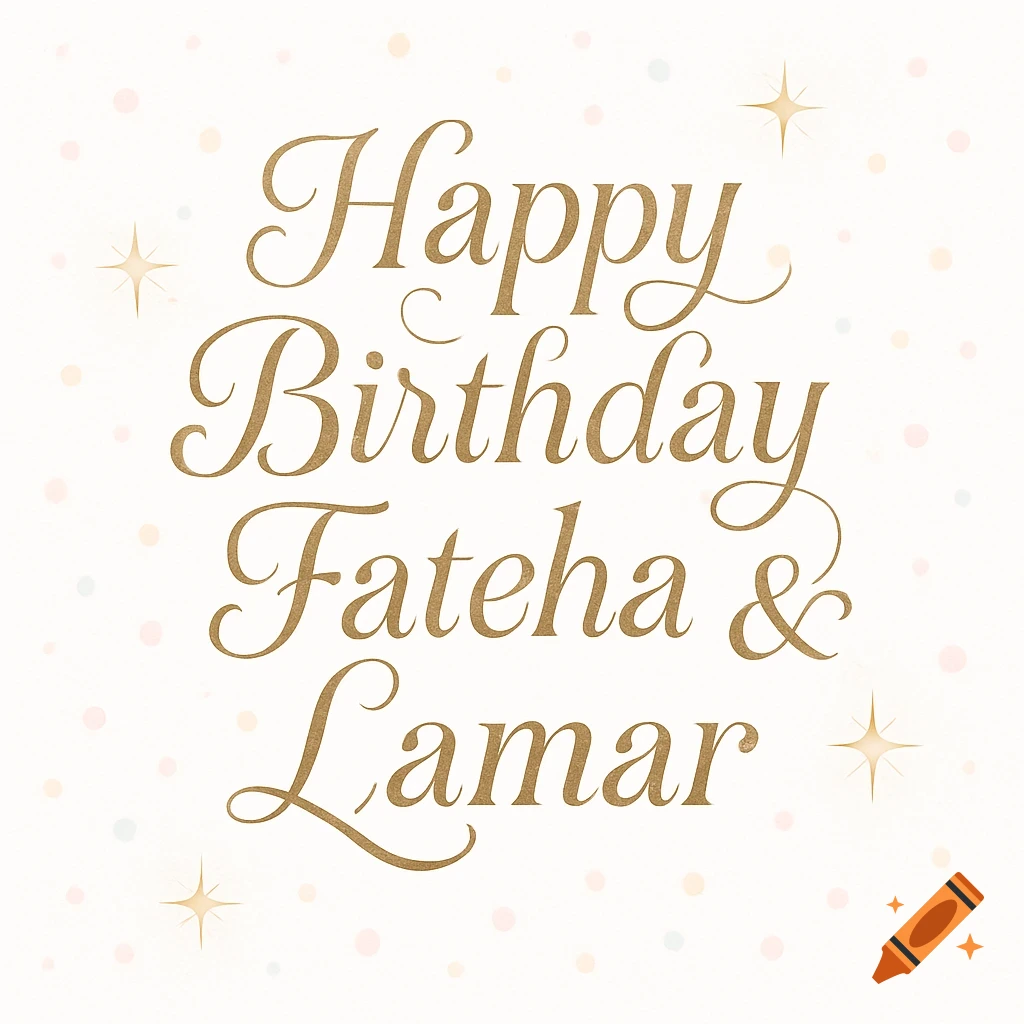 Elegant gold script on a cream background wishing 'Happy Birthday Fateha & Lamar', with subtle colorful confetti and sparkling stars.