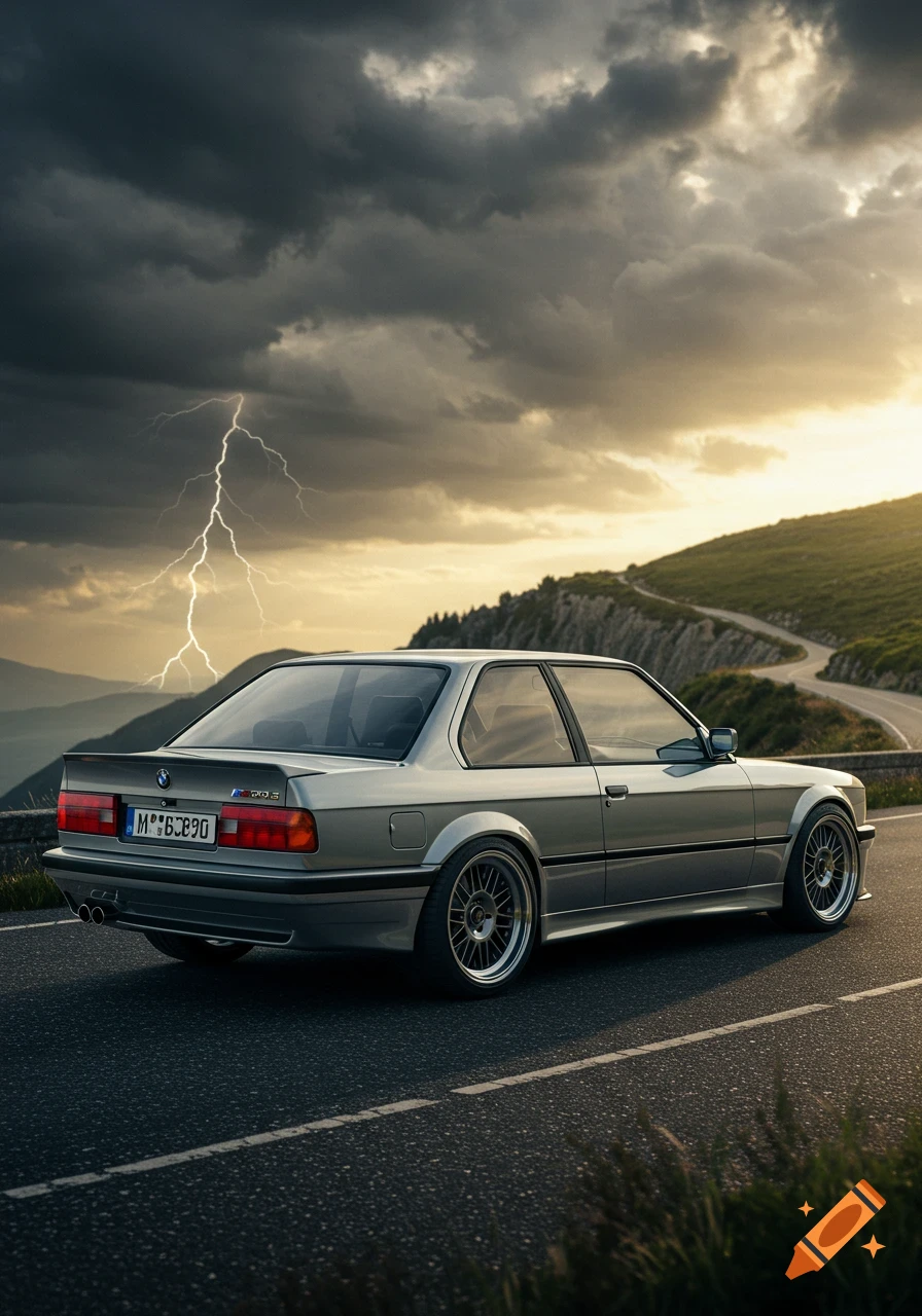 A silver BMW E30 M3 coupe is parked on a winding mountain road under a dramatic, stormy sky with lightning.