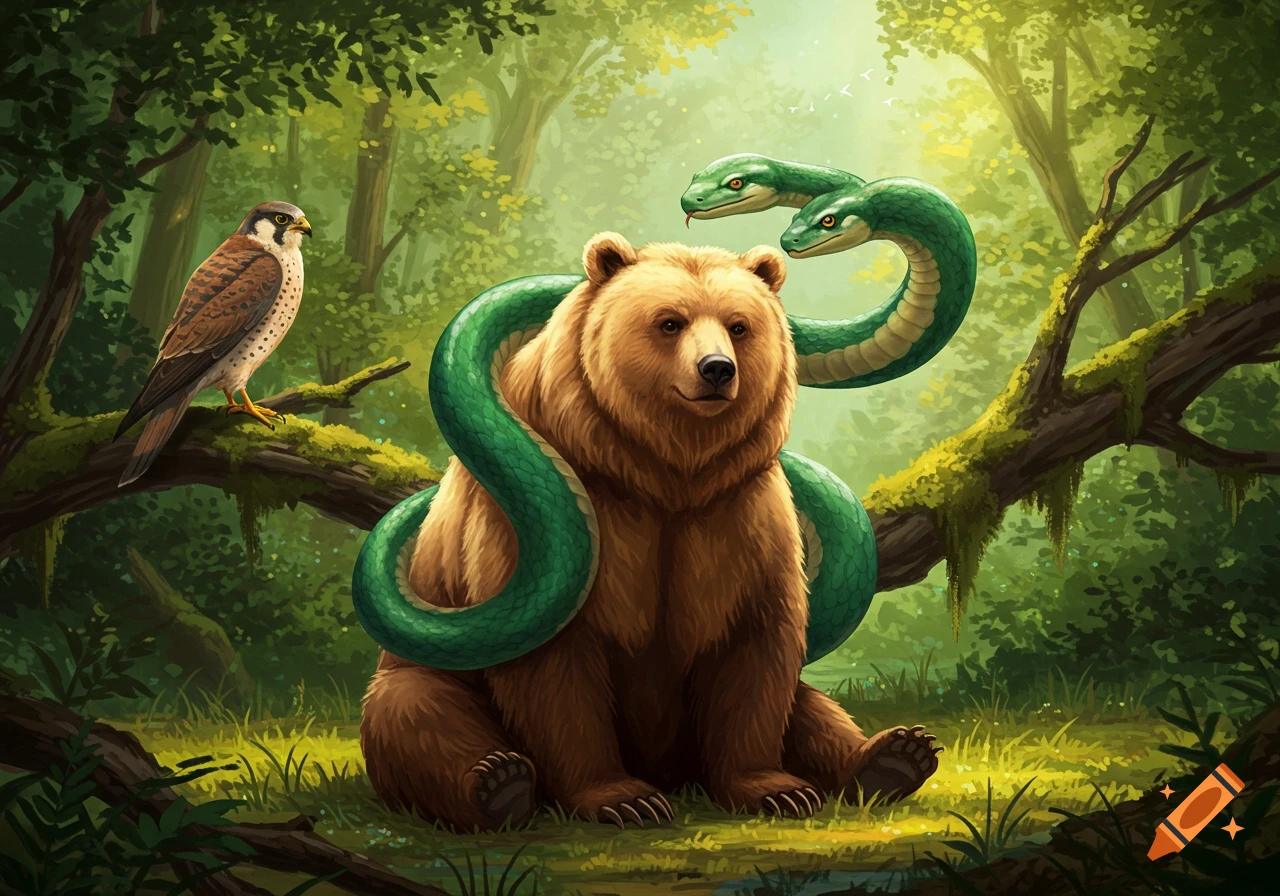 An illustrated brown bear sits in a lush green forest, with a two-headed green snake wrapped around it and a falcon perched nearby.