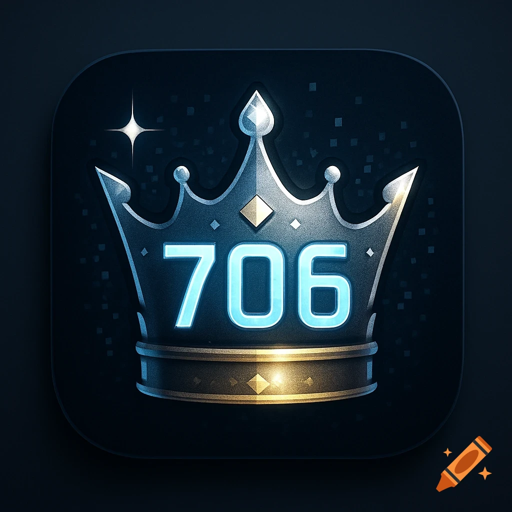 Digital icon of a stylized silver and gold crown with glowing blue numbers "706" on a dark background.