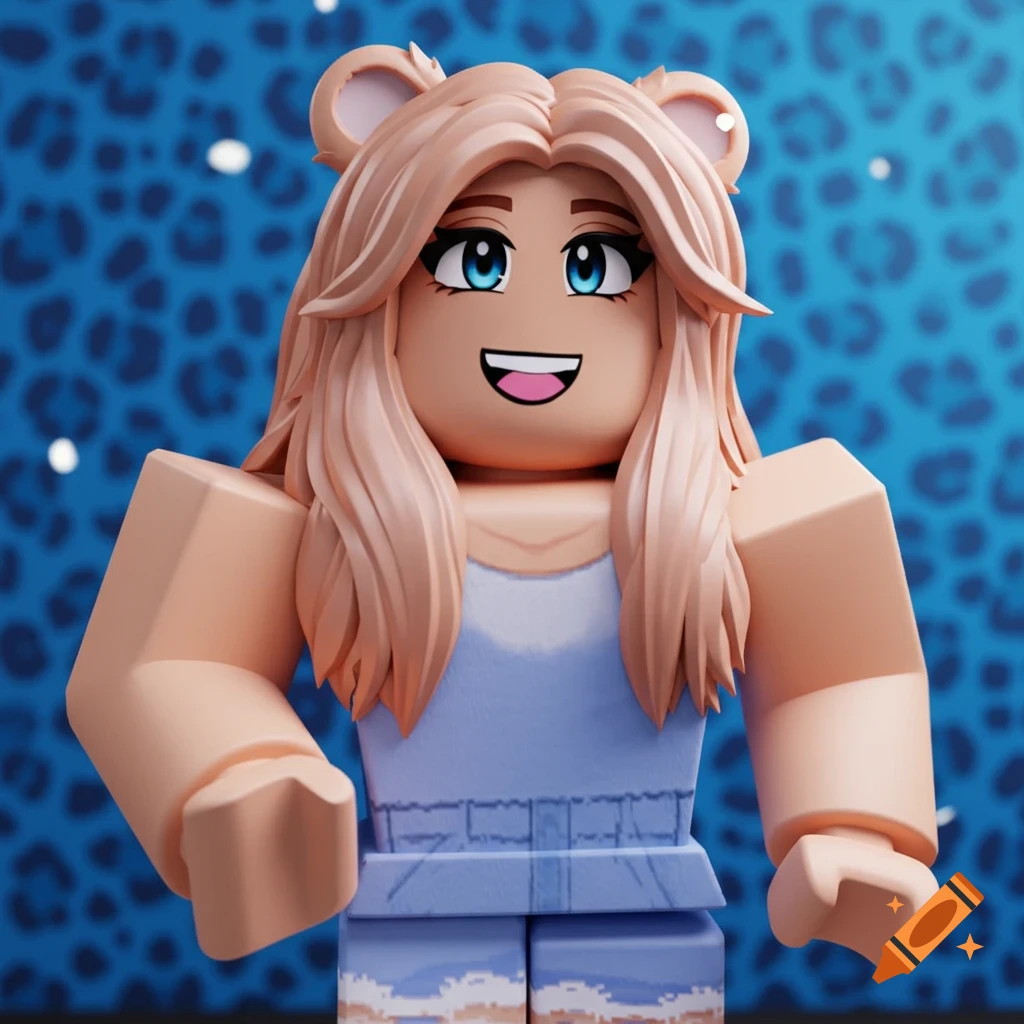 A blonde Roblox avatar girl with blue eyes and bear ears, wearing a light blue top, against a blue leopard print background.