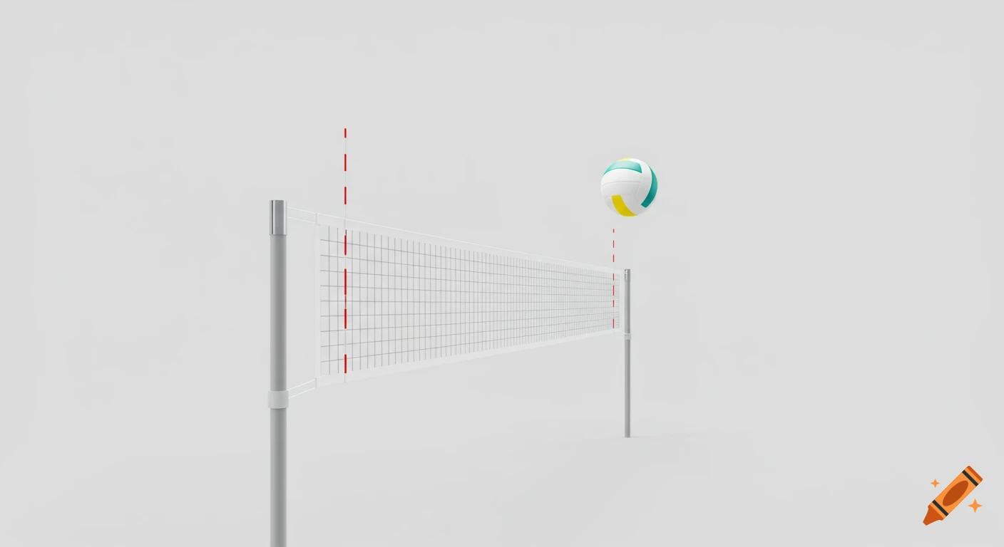 Minimalist view of a volleyball net with a colorful ball flying over it against a plain white background.