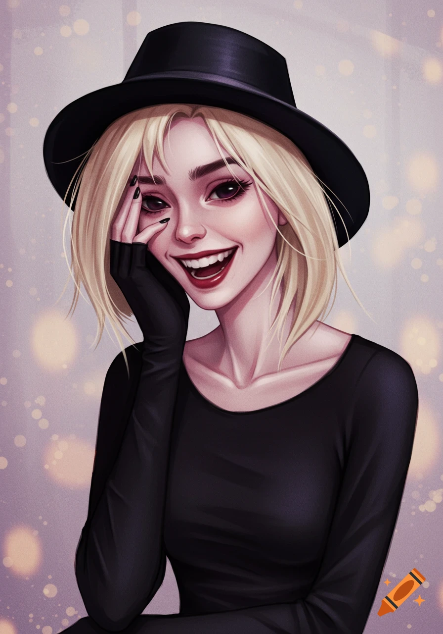 A stylized illustration of a laughing blonde woman wearing a black hat and black top, with a hand touching her cheek.
