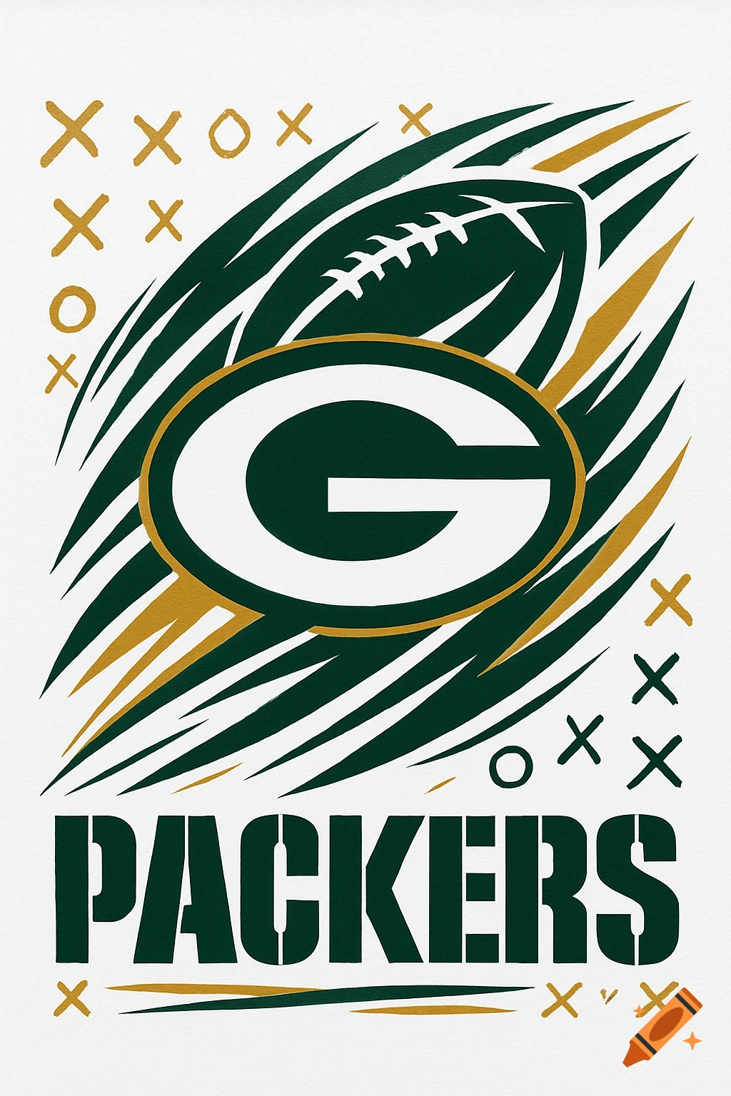 Green Bay Packers graphic design with football, 'G' logo, and 'PACKERS' text on white.