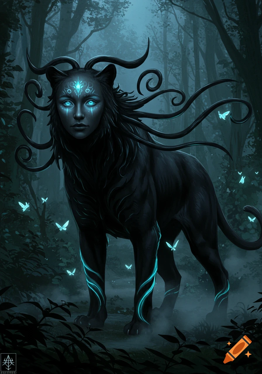 Dark fantasy art of a black feline beast with a human face, glowing blue eyes and markings, in a misty forest with glowing butterflies.