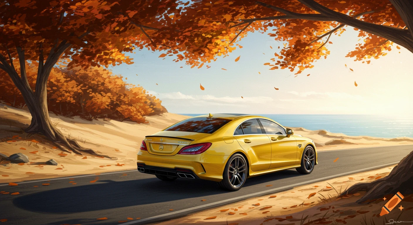 A bright yellow Mercedes-Benz CLS 500 AMG drives on a coastal road lined with vibrant orange autumn trees, digital painting.