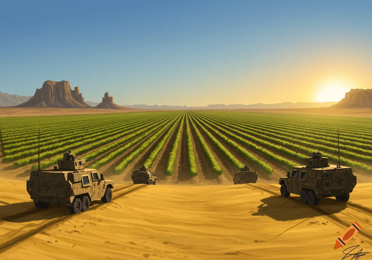 Several tan military vehicles drive through vast green fields bordered by a desert and mesas, under a bright sunset.