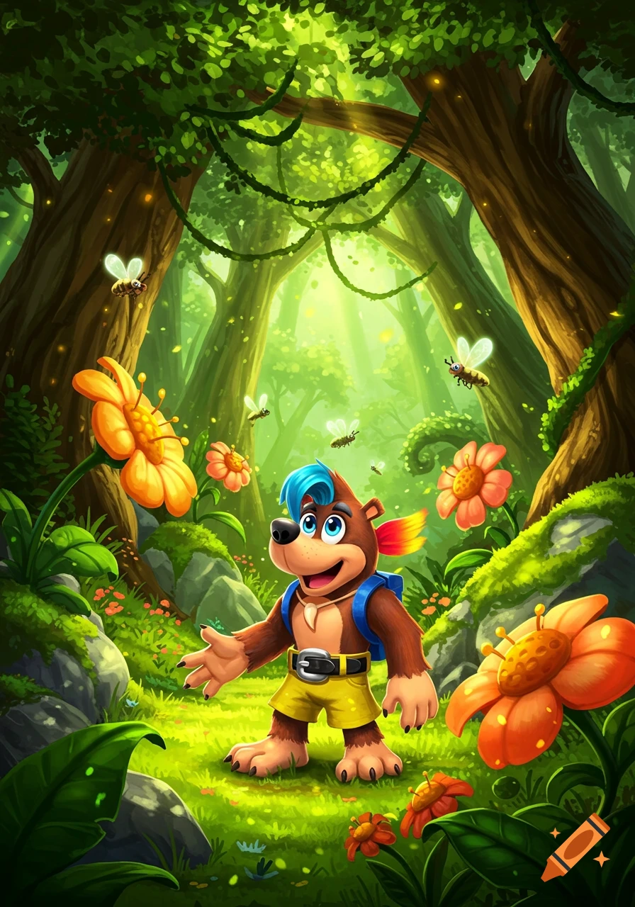 Cartoon bear-like character in yellow shorts and a backpack in a vibrant jungle with glowing fireflies and large colorful flowers, game art style.