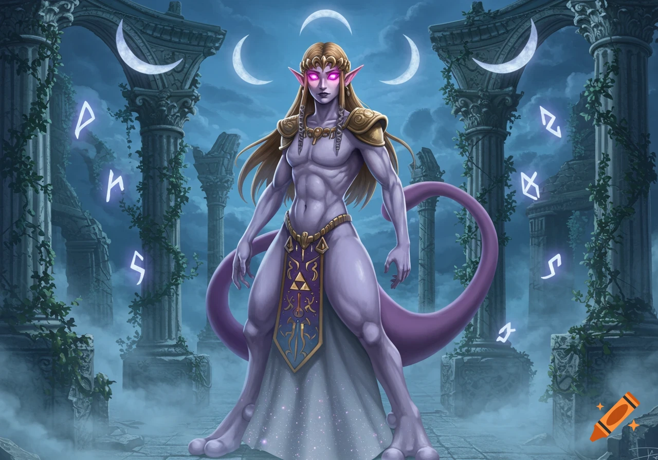 A muscular, purple-skinned, elf-eared character with blonde hair and a long tail stands in ancient ruins with glowing runes and crescent moons.
