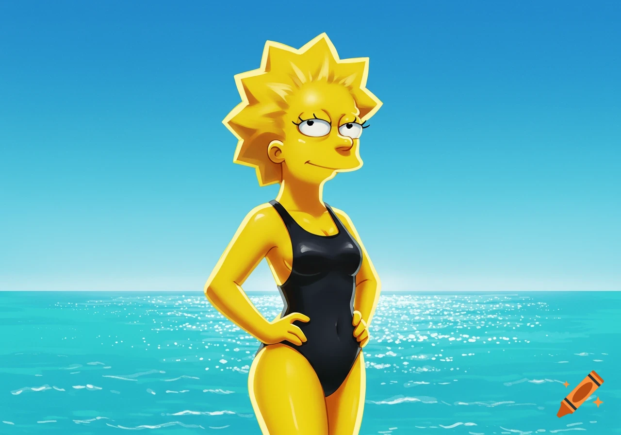 Cartoon Lisa Simpson in a black swimsuit stands by the blue ocean under a clear sky.