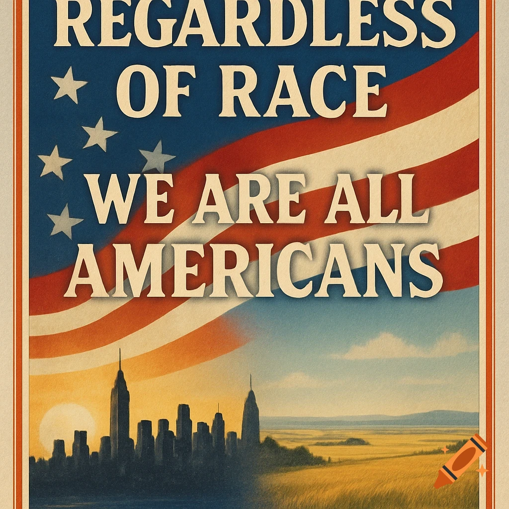 A vintage-style American unity poster with text 'REGARDLESS OF RACE WE ARE ALL AMERICANS' over a flag, cityscape, and field.