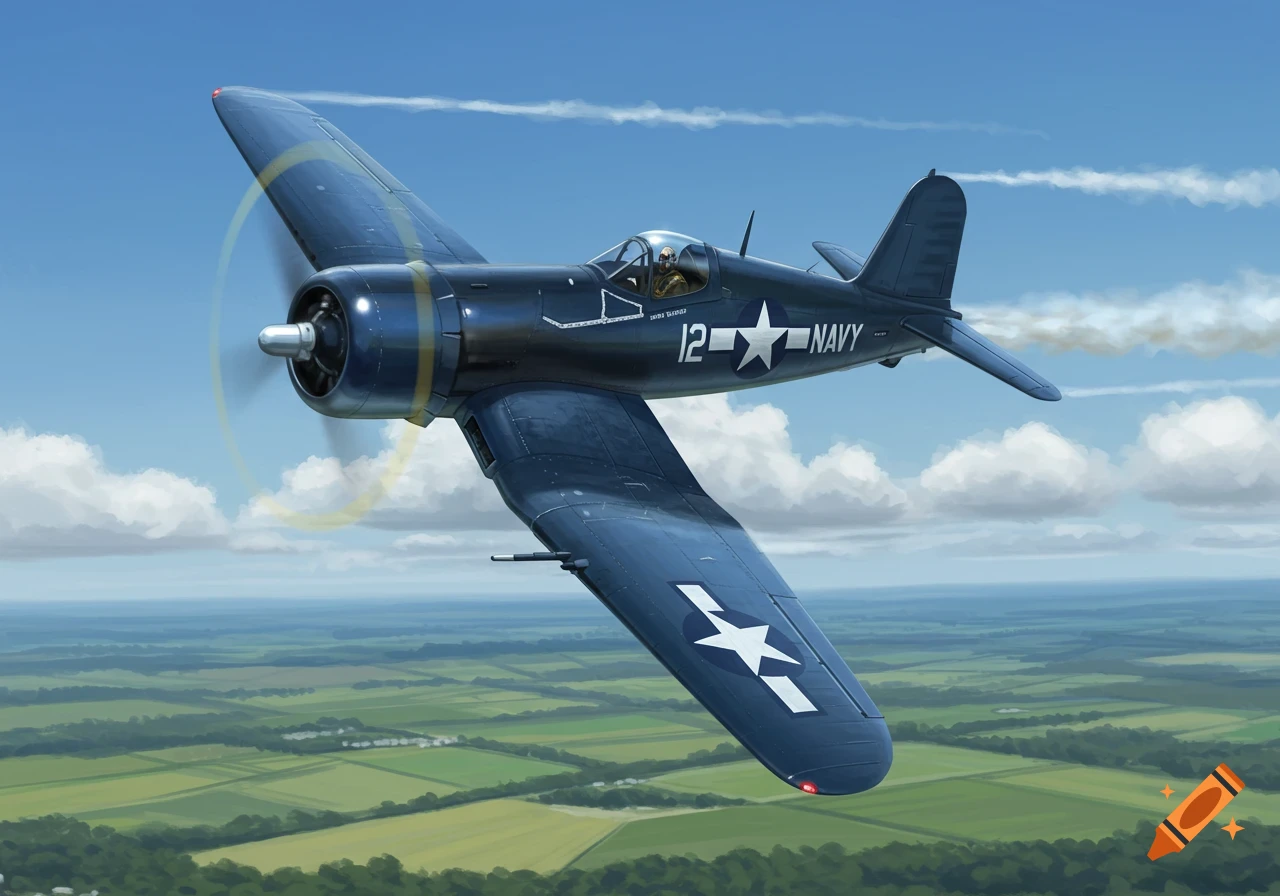 A dark blue F4U Corsair military plane with US Navy markings flies through a blue sky over green fields.