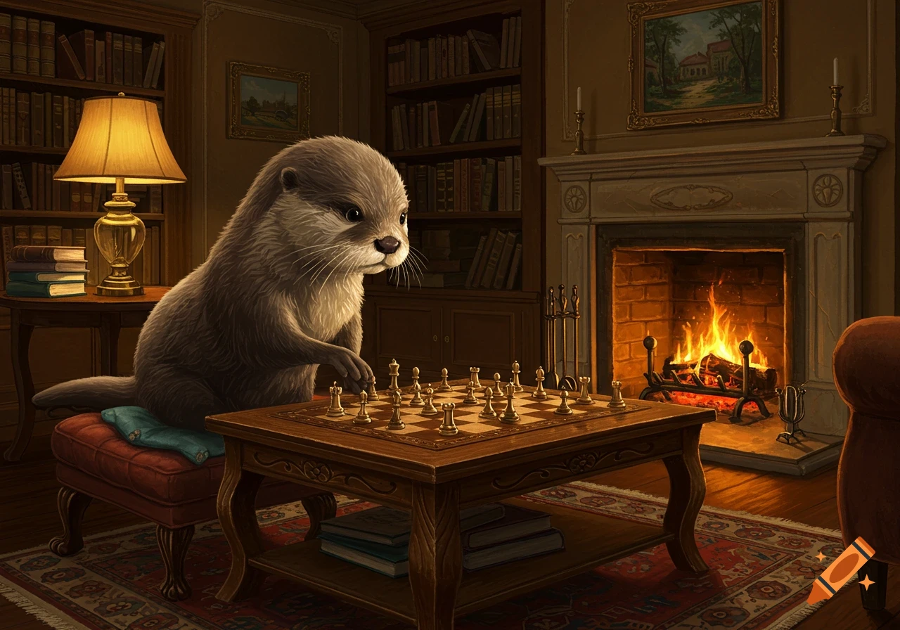 A cute otter plays chess in a warm, picturesque living room with a lit fireplace, bookshelves, and a glowing lamp.