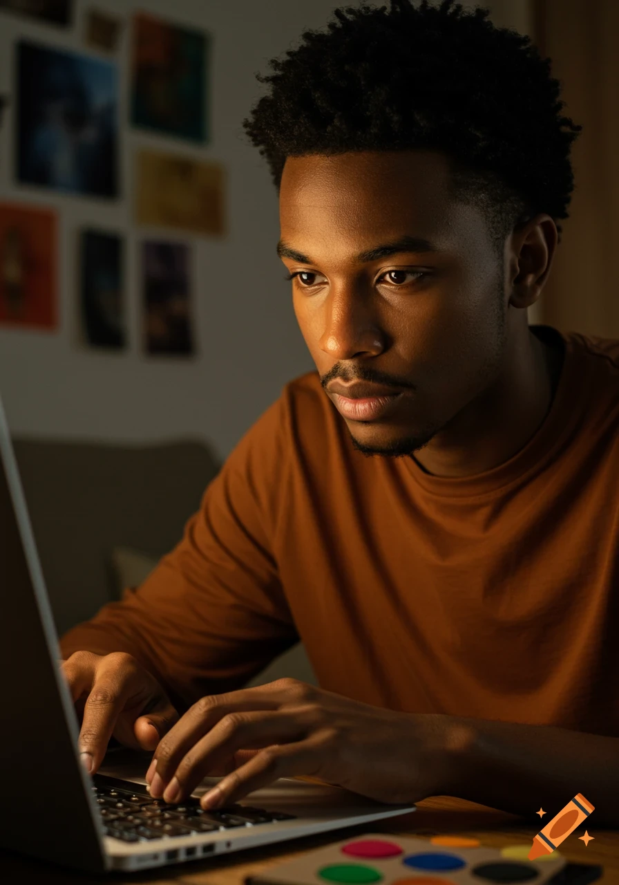 Young Black man intently typing on a laptop, surrounded by soft lighting and blurred background art.