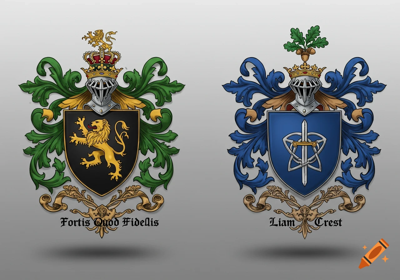 Two colorful fantasy coats of arms with crests, helmets, and banners on a gray background. The left crest is black with a golden lion, and the right crest is blue with a sword and knot.