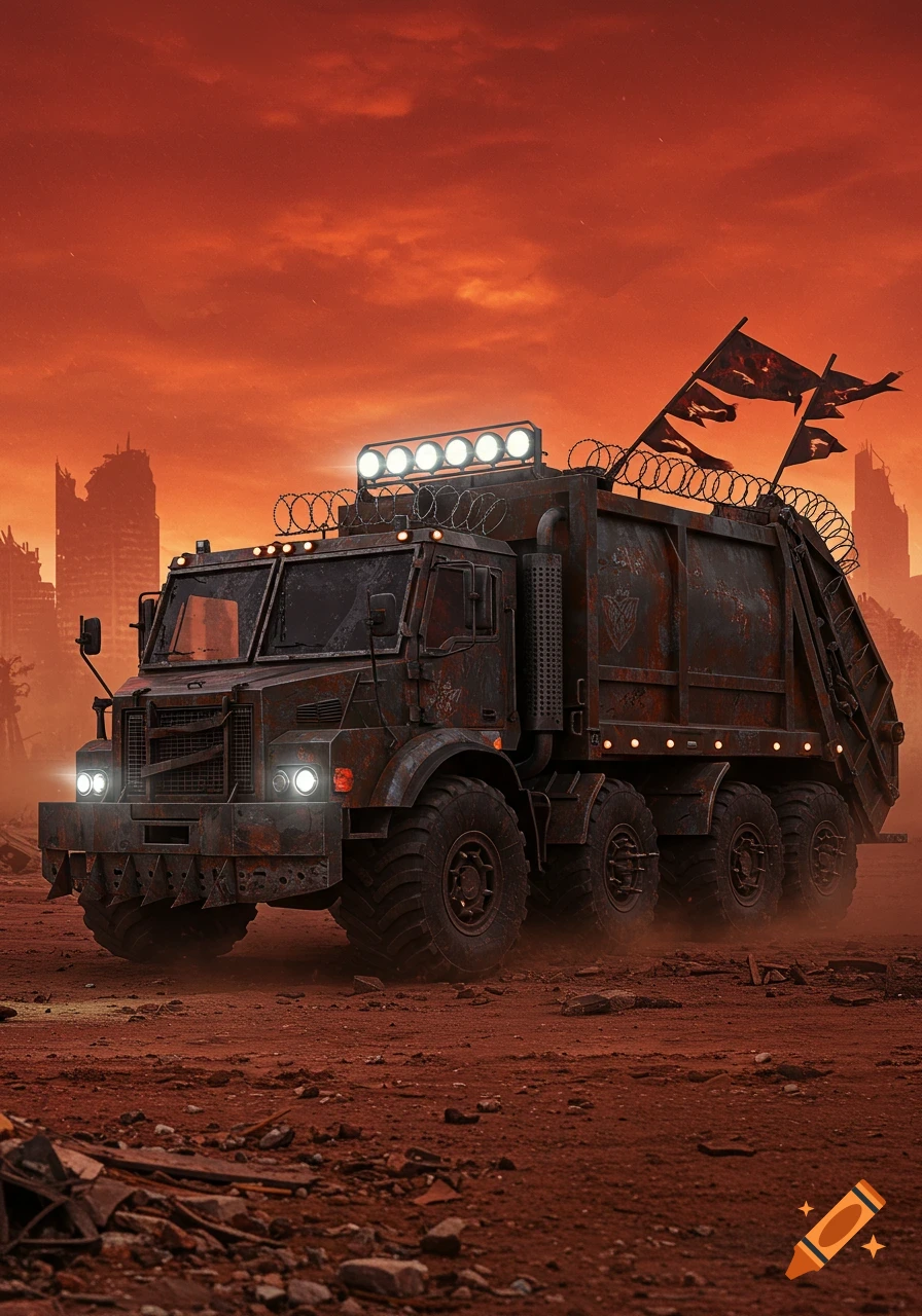 A heavily armored, rusty military garbage truck drives through a post-apocalyptic wasteland under a fiery red sky, with ruined buildings in the distance.