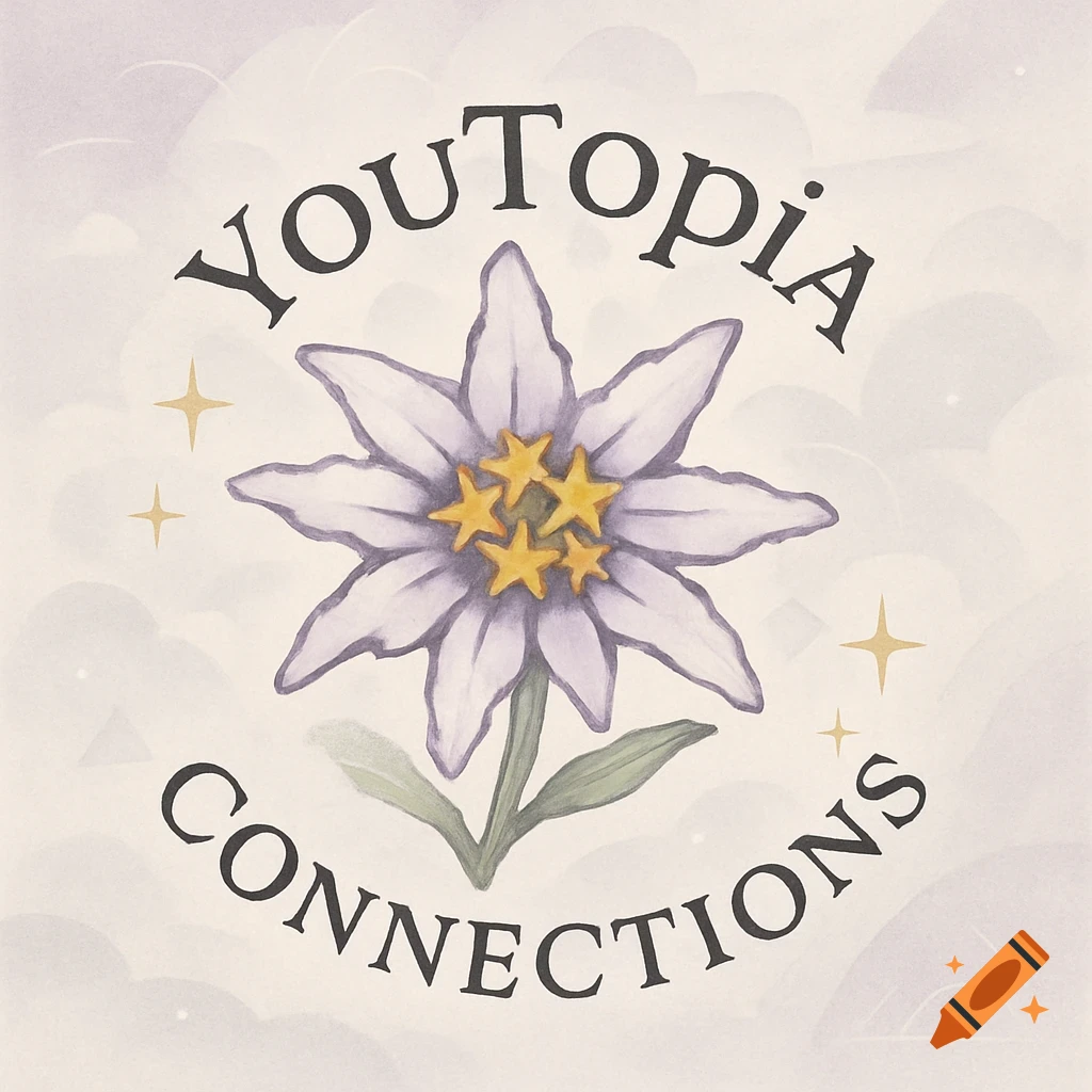 A pastel watercolor logo with an edelweiss flower featuring yellow stars, encircled by the text 'YouTopia Connections'.