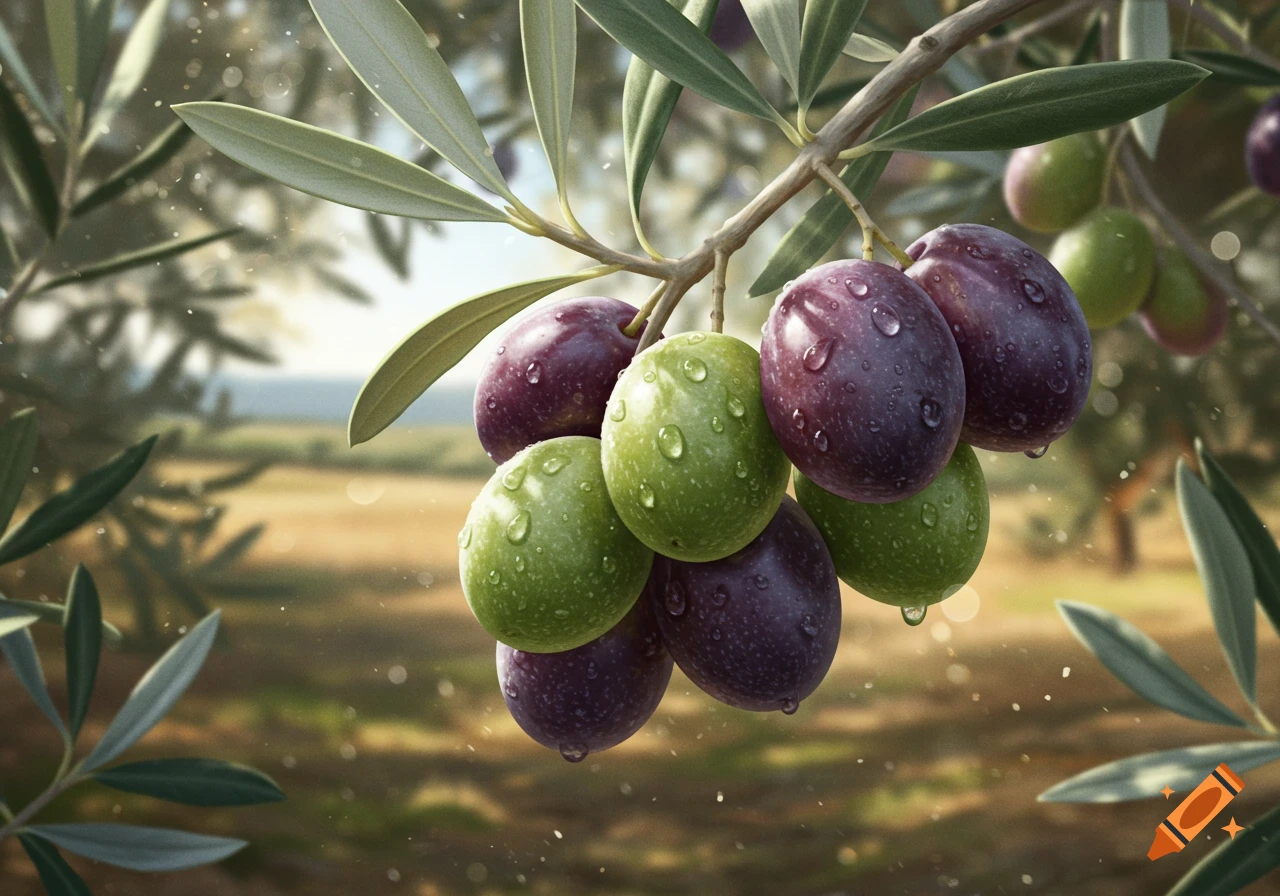 Photorealistic close-up of green and purple olives with water droplets on a branch in an olive grove.