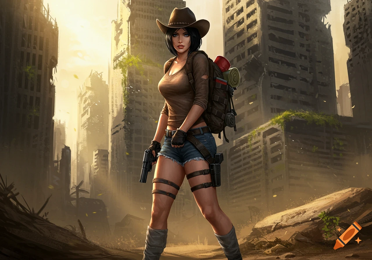 A dark-haired woman in a cowboy hat, torn shirt, and jean shorts with a gun and backpack stands in a ruined city.