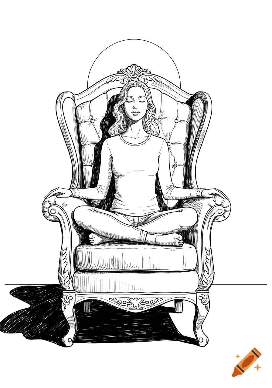 Black and white line drawing of a woman meditating, sitting cross-legged in an ornate armchair with her eyes closed.