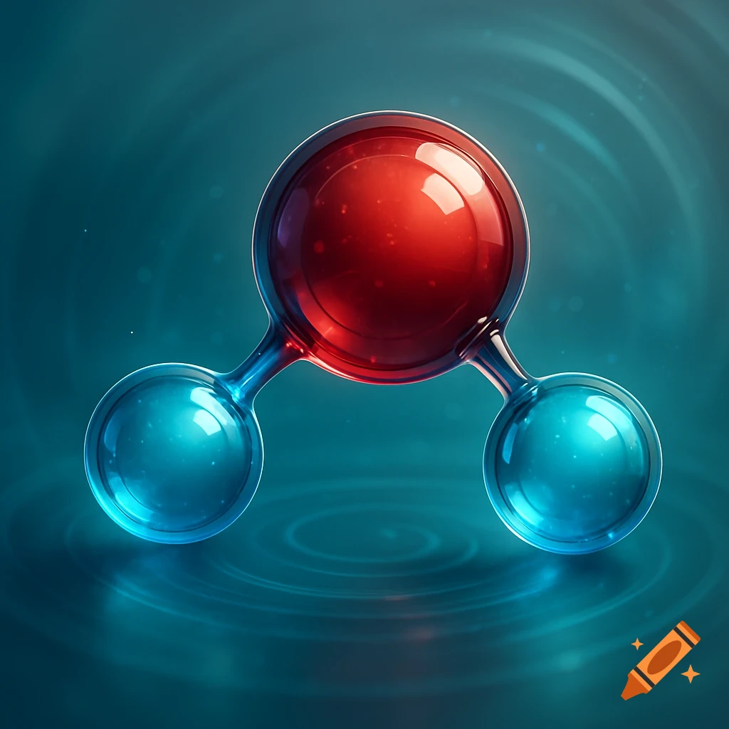 Stylized H2O molecule, with one large red sphere connected to two smaller blue spheres, on a rippled dark blue background.