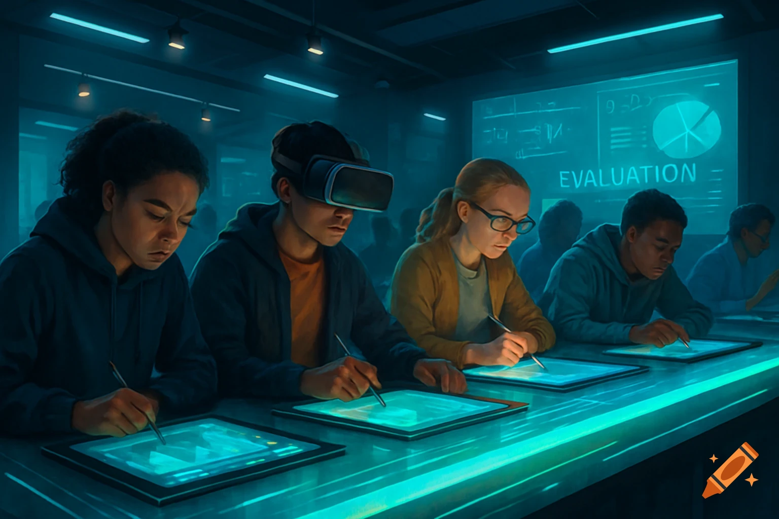 Students in a futuristic classroom using glowing tablets and VR for an evaluation, with 'EVALUATION' on a screen.