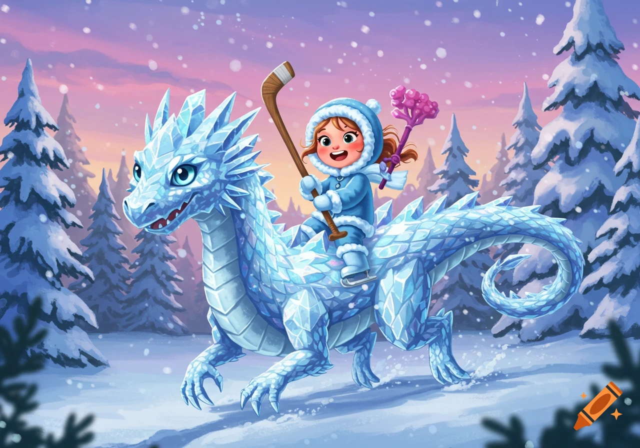 Cartoon girl in blue winter clothes rides an ice dragon through a snowy forest with a pink sky, holding a hockey stick.