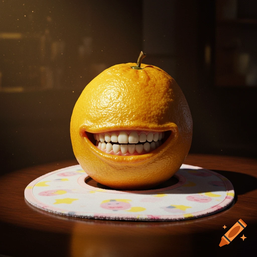 A photorealistic orange with human teeth smiling, wearing a baby bib, sits on a table.