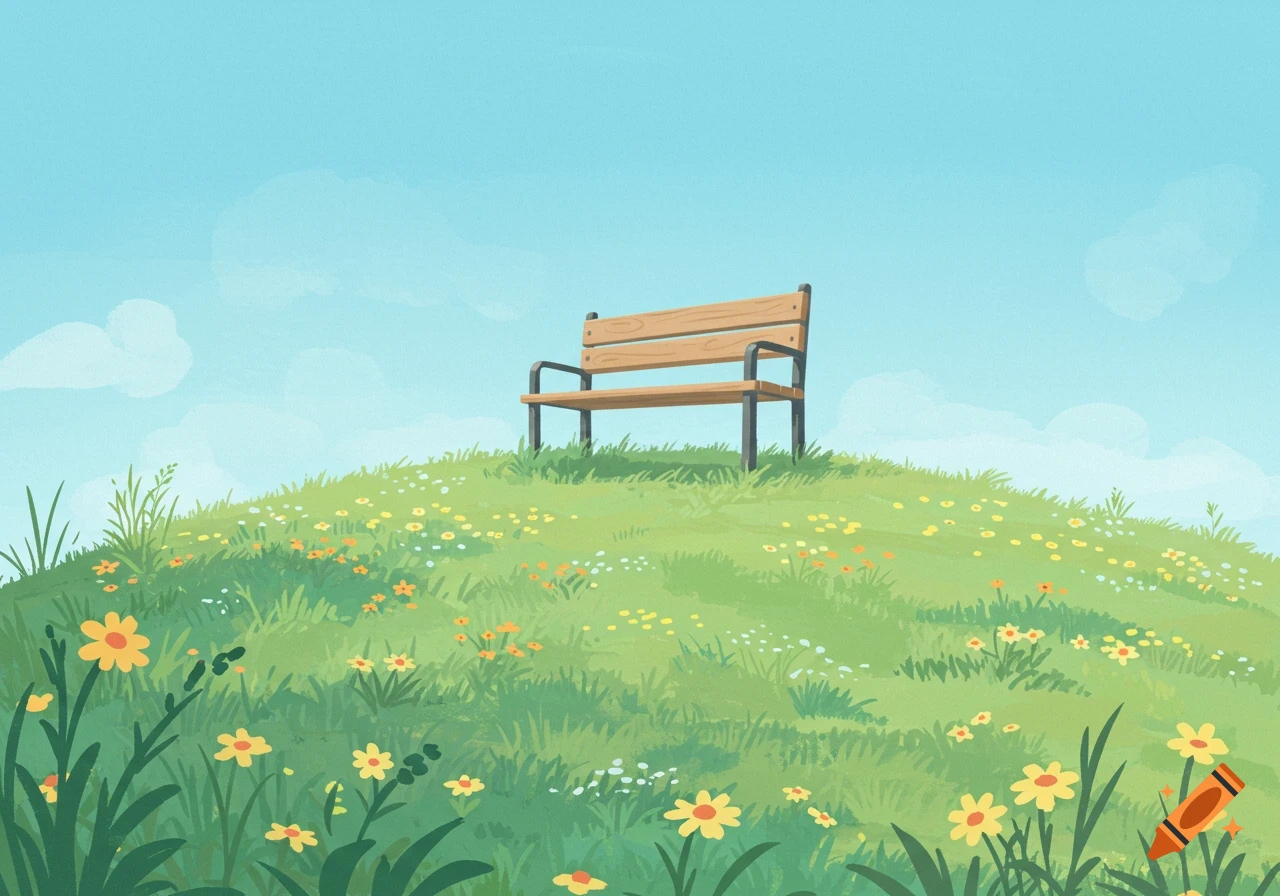 Illustration of a wooden park bench on a grassy hill with wildflowers under a blue sky.