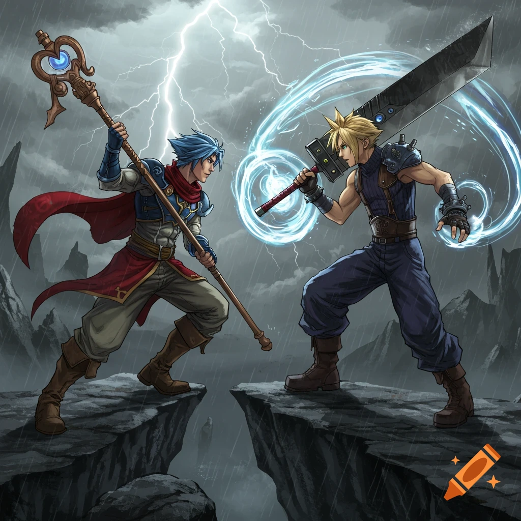 Vahn and Cloud Strife face off on stormy cliffs, lightning striking behind them in a detailed fantasy illustration.