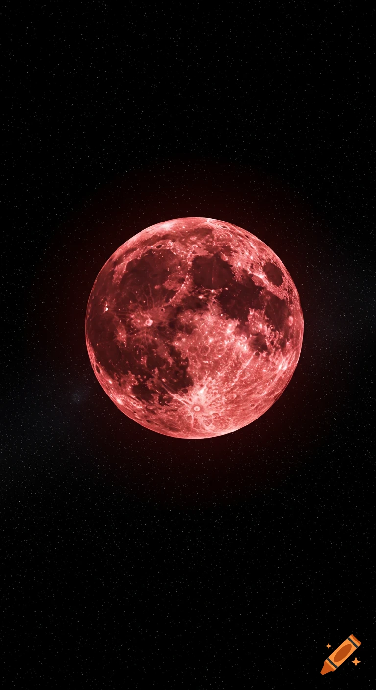 A vibrant red full moon with glowing veins hangs in a deep black, star-filled space.