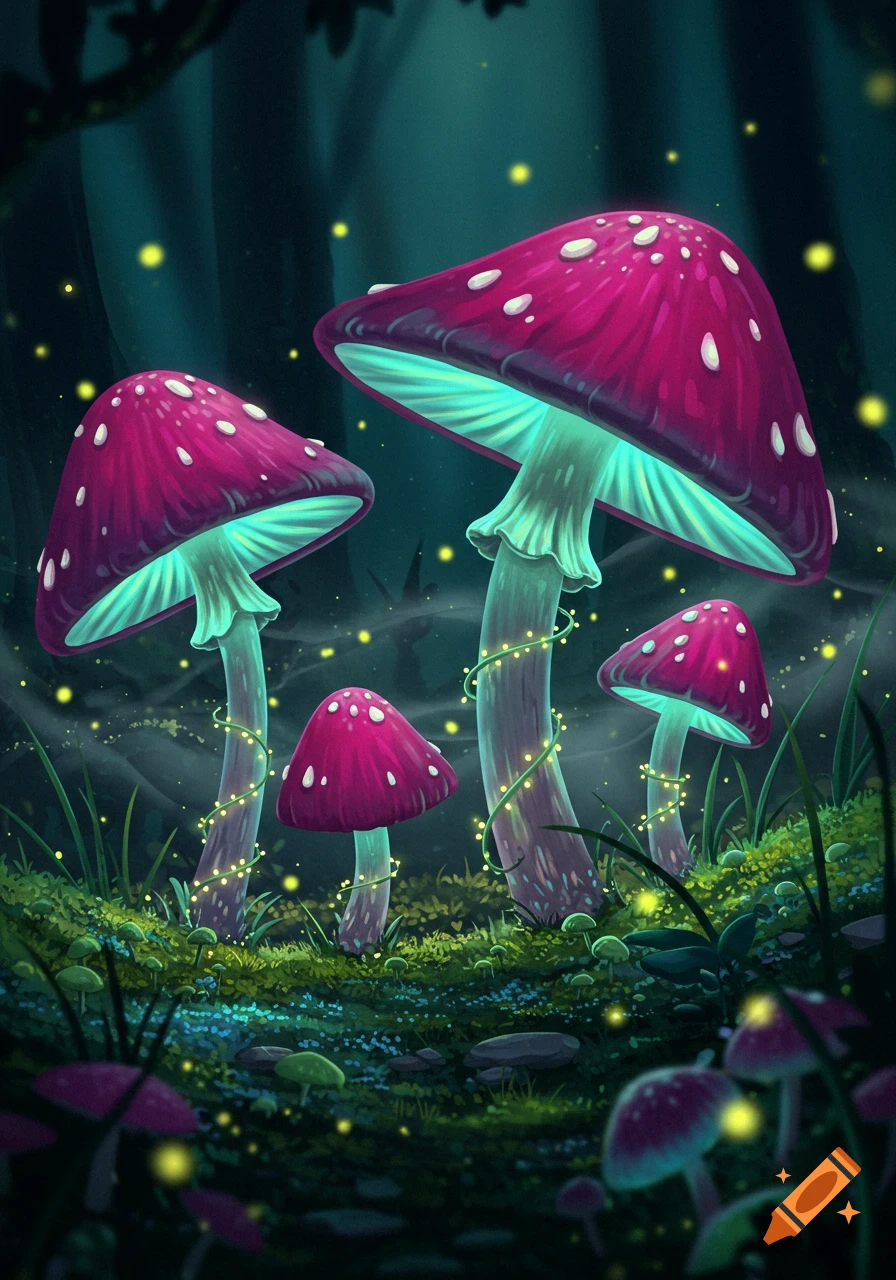 Vibrant fantasy mushrooms with glowing undersides and sparkling vines in a dark, magical forest.