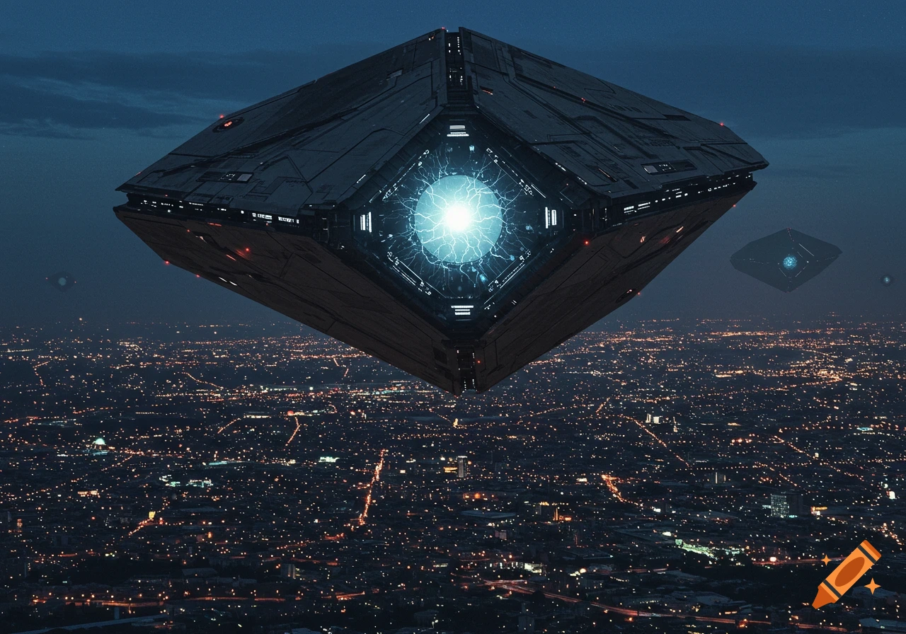 A huge, dark, diamond-shaped UFO with a glowing blue energy core hovers over a sprawling city lit up at night, with a smaller UFO in the distance. Photorealistic.