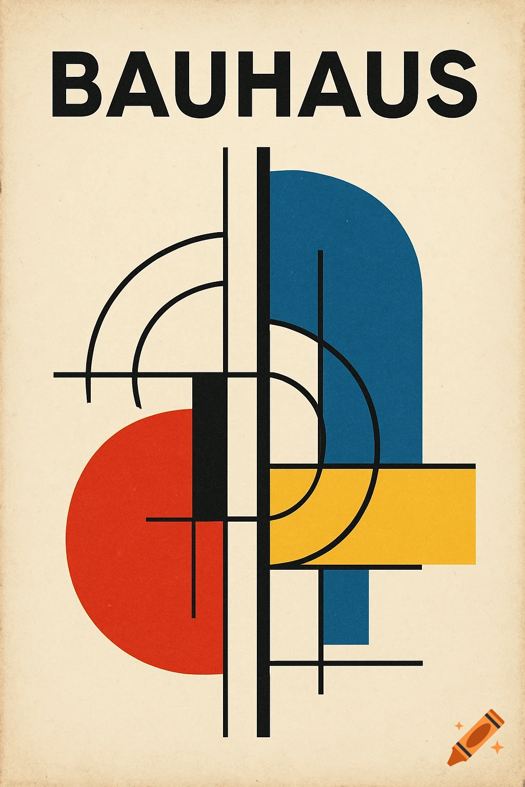 A vintage Bauhaus poster featuring geometric shapes in red, blue, yellow, and black, with the word 'BAUHAUS' at the top.