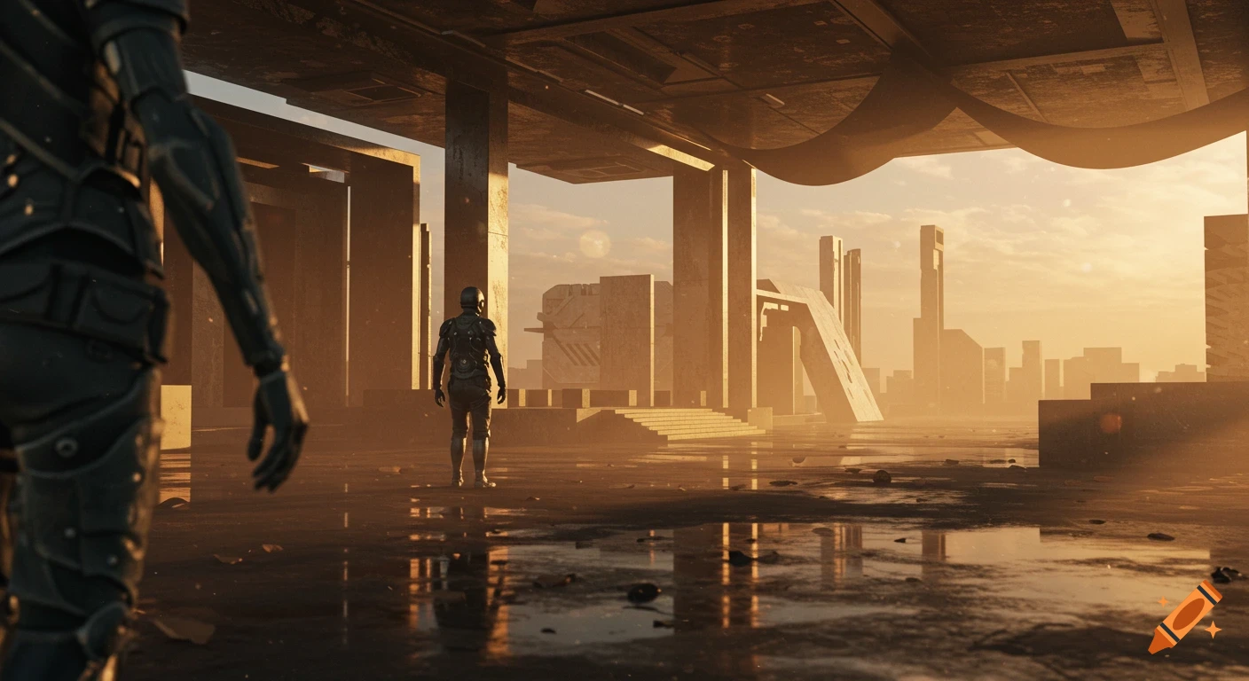 Two armored figures stand on a wet, reflective ground in a vast, decaying futuristic city bathed in golden sunlight.
