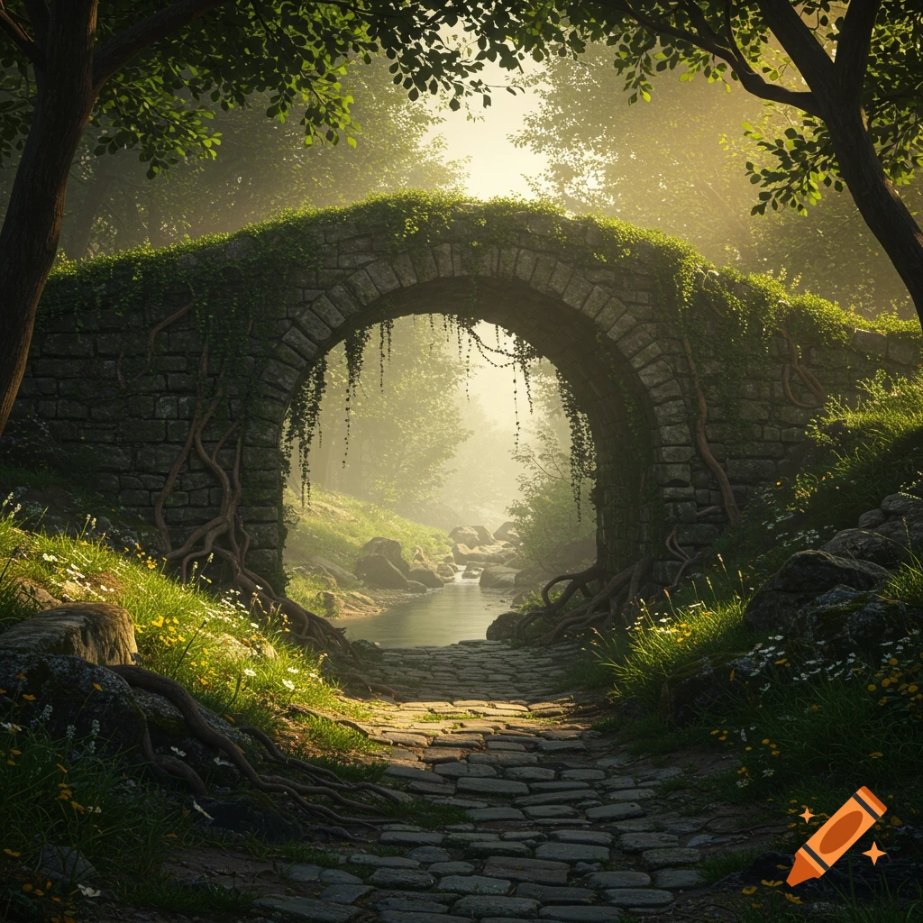 Photorealistic image of an old, overgrown stone bridge arching over a tranquil stream in a sunlit, lush green forest.