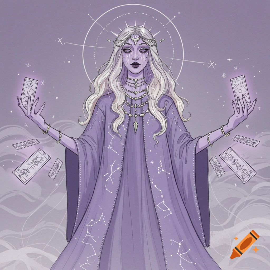 A stylized illustration of a pale-skinned oracle with long white hair, wearing purple robes adorned with constellations, holding glowing tarot cards.