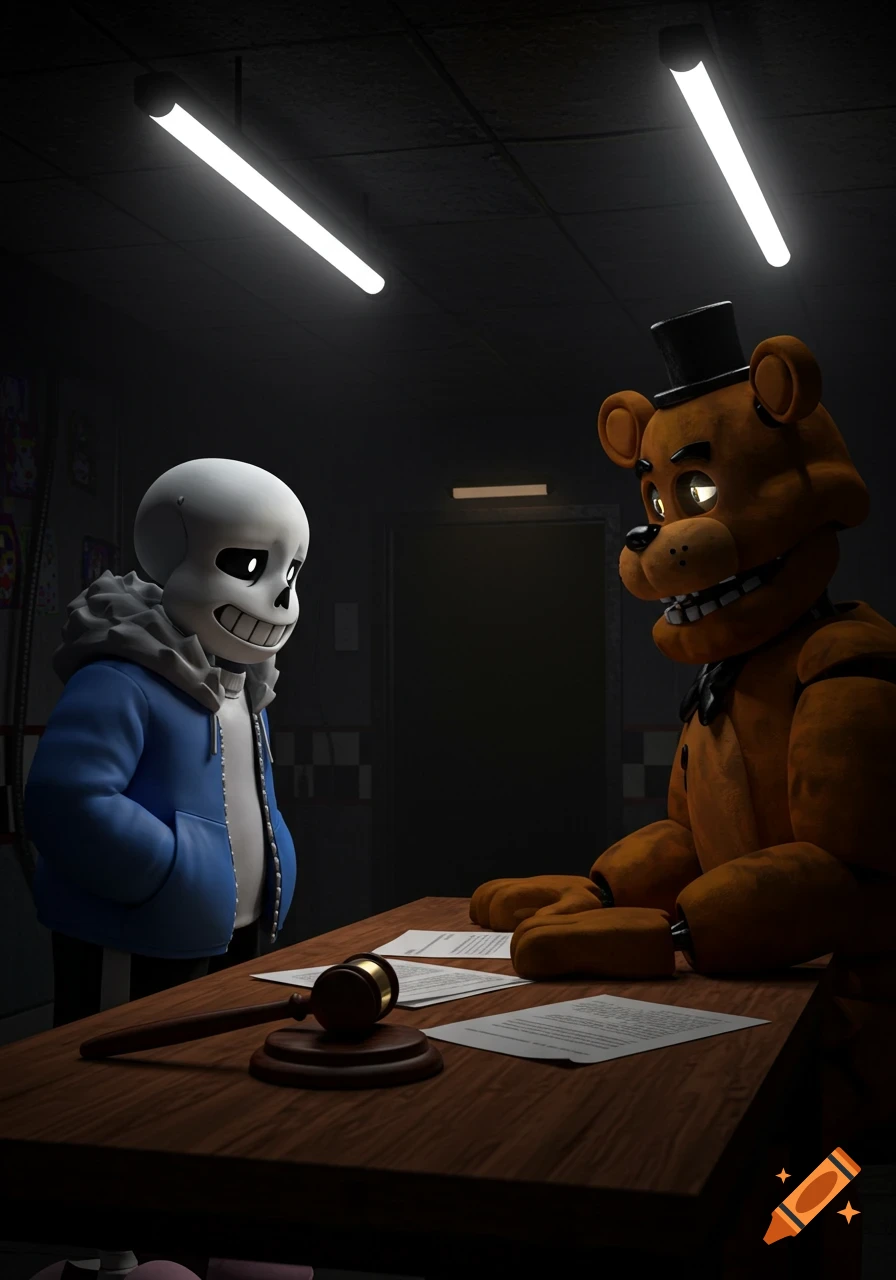 Sans and Freddy Fazbear stand and sit at a table with a gavel, under fluorescent lights, in a dark room.