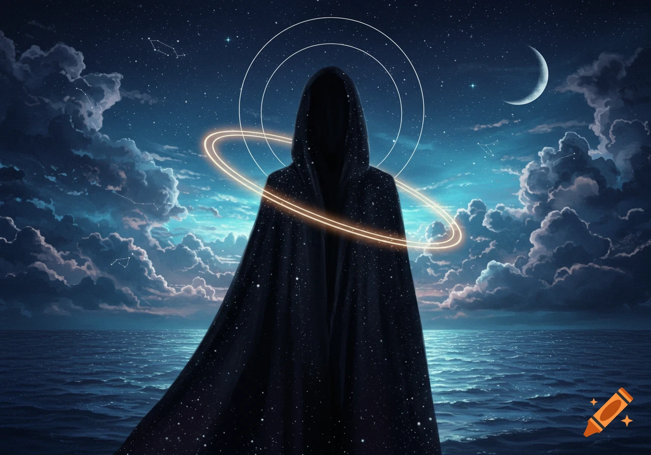 A dark, hooded figure with a star-filled cloak stands in the ocean under a night sky with a crescent moon and glowing celestial rings.