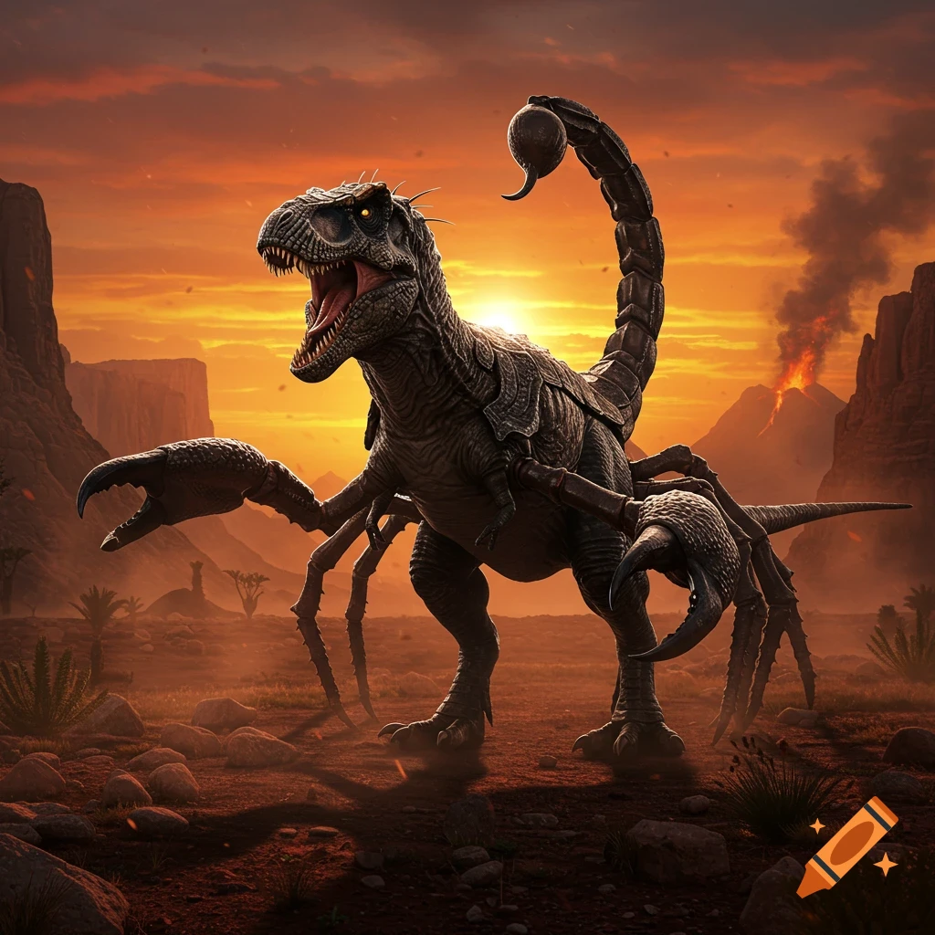 A fierce dinosaur-scorpion hybrid stands in a prehistoric desert landscape with volcanoes under an orange sunset.