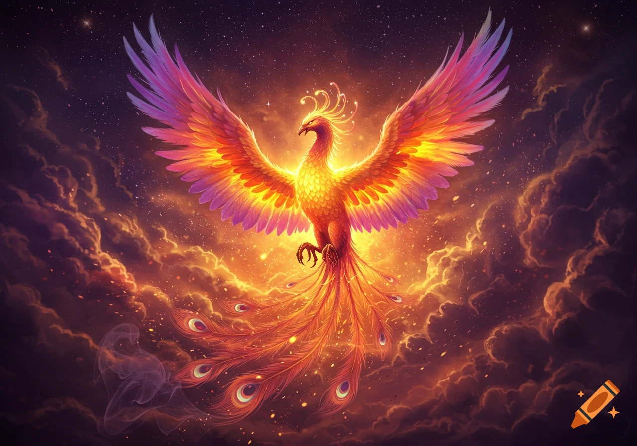 A vibrant, glowing phoenix with fiery orange and purple wings soars through a dark, starry sky with glowing clouds.
