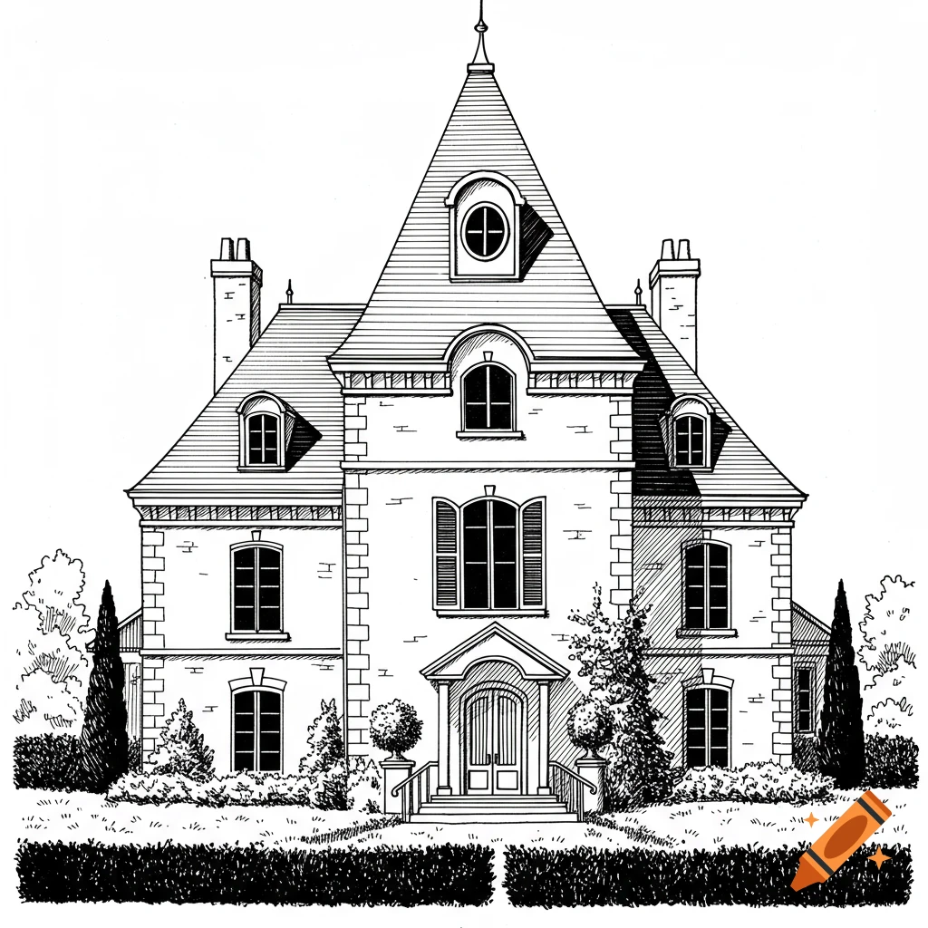 Black and white illustration of a grand old-style family manor with a pointed roof, round attic window, and surrounding hedges.
