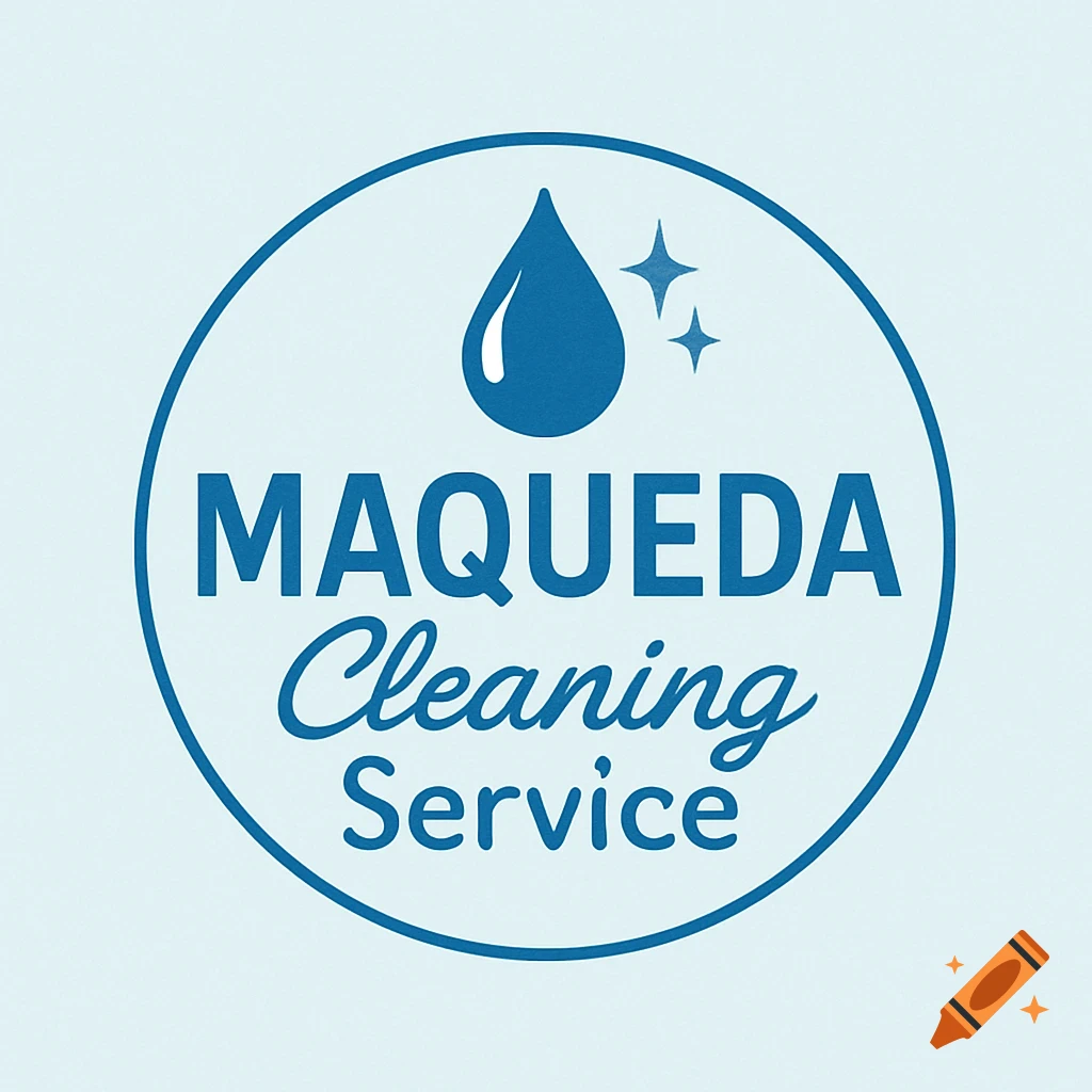 A blue circle logo for 'MAQUEDA Cleaning Service' featuring a water drop icon and two small stars.