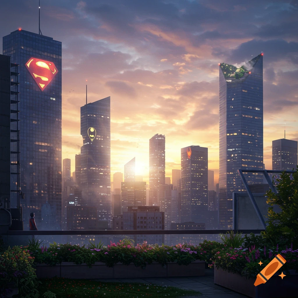 Photorealistic cityscape at sunset with skyscrapers bearing superhero logos and a person on a rooftop garden.
