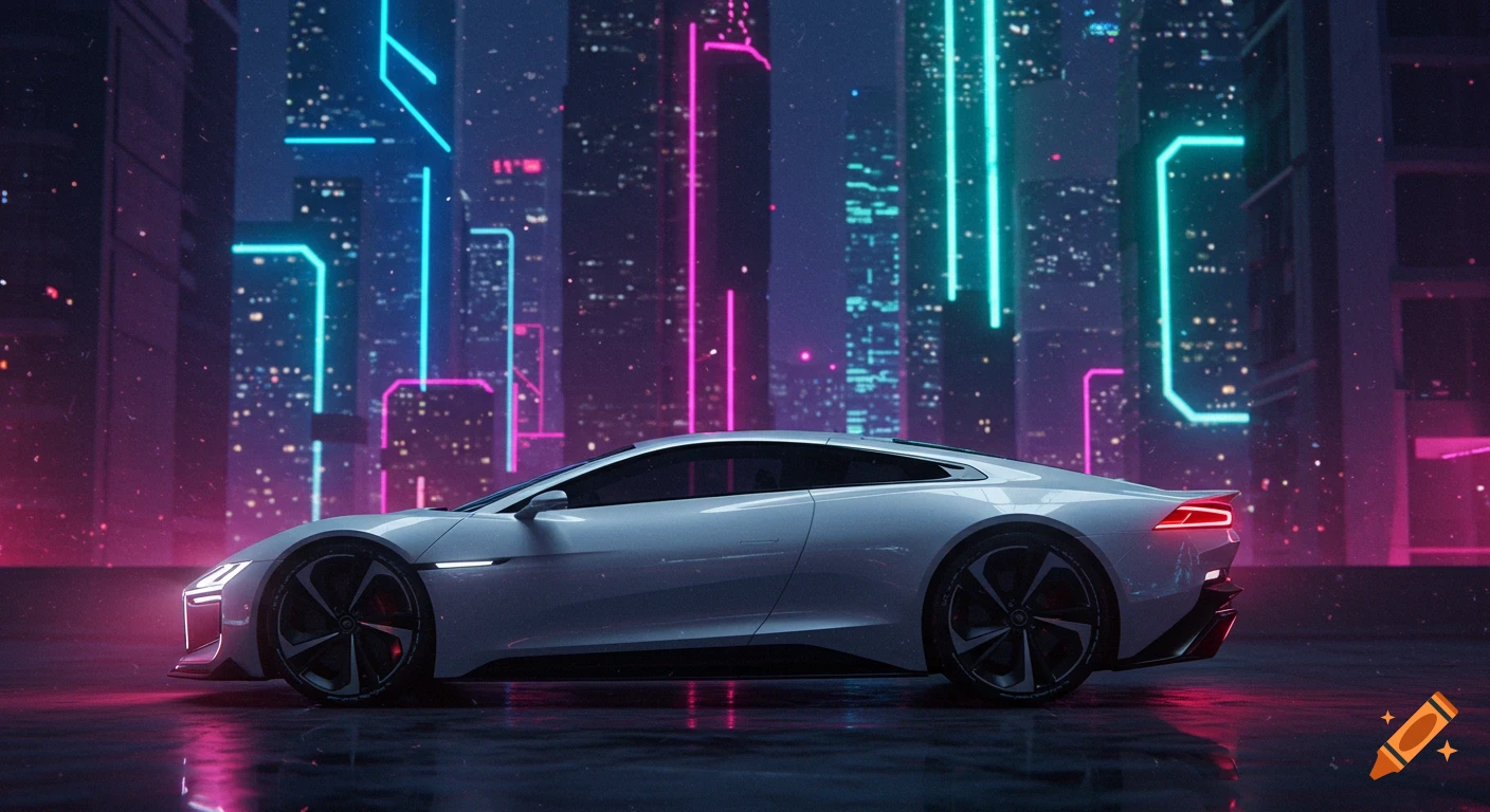 A sleek white futuristic sports car is parked in a neon-lit cyberpunk city at night, with towering buildings illuminated by vibrant blue and pink lights.